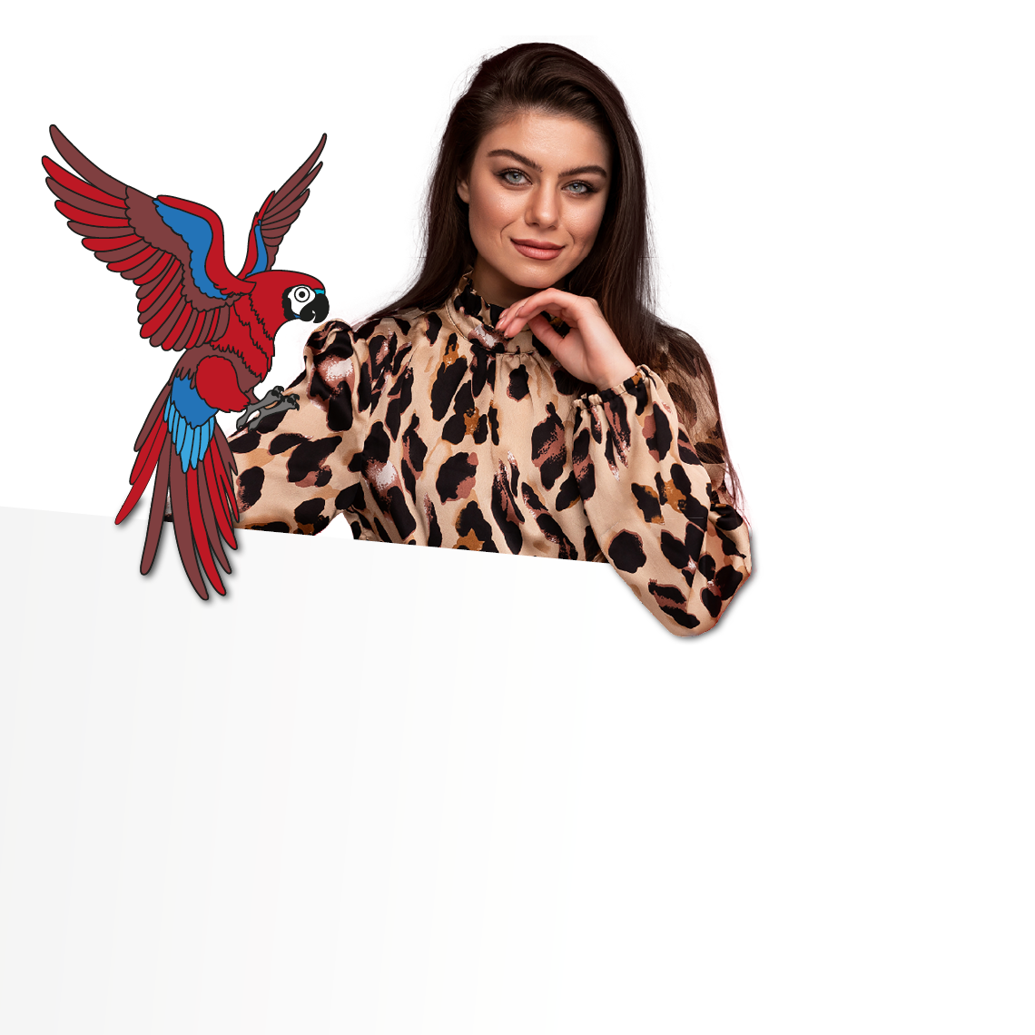 woman in leopard print blouse and parrot