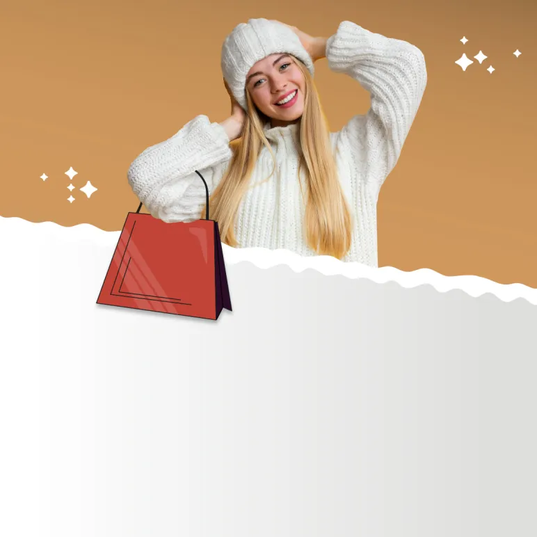 kobieta w białej kurtce i czapce z torbą na zakupy