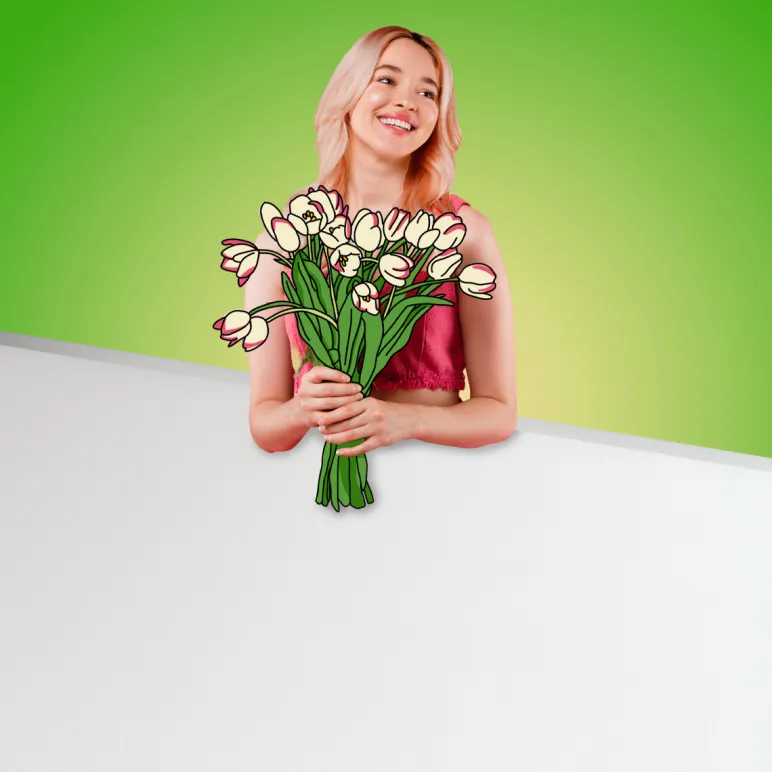 kobieta trzymająca pęk tulipanów